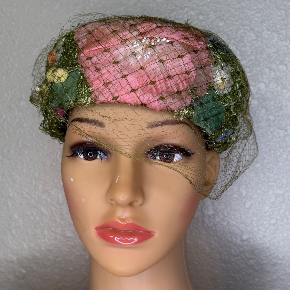 Vintage Rare Hutzler’s Pillbox Floral Tulle Net Fascinator Hat Green White Pink - Picture 2 of 15